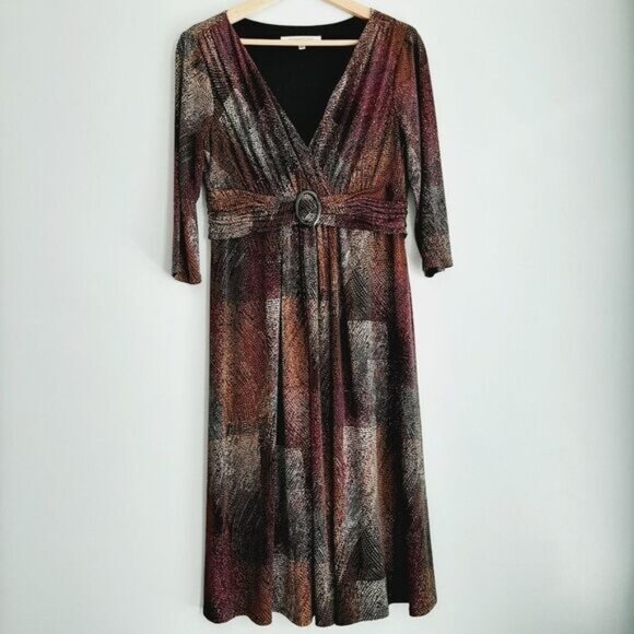 EVAN PICONE | Midi Length Surplice V-Neck Soft Stretchy Dress Abstract Print  10 - Picture 14 of 14